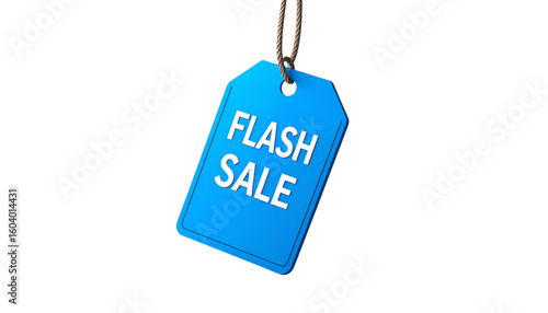A bright blue price tag announces a flash sale, hanging from a brown string.