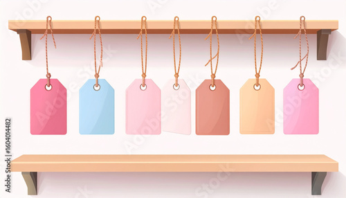Colorful blank price tags hanging from a wooden shelf, arranged neatly.