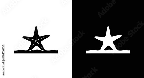 Minimalist graphic icons of a sea star on the shore, shown in positive and negative space.