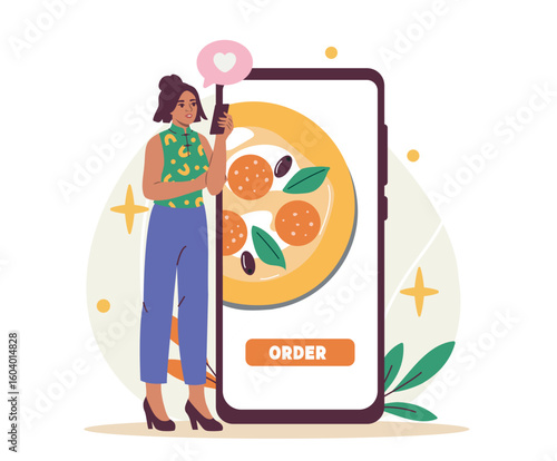 Woman standing beside giant smartphone with pizza on screen and order button, flat cartoon style on white background. Concept of food delivery. Vector illustration