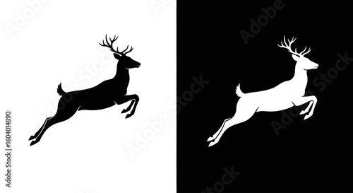 A split graphic showing a black silhouette of a leaping stag on white and its white inverse on a black background.