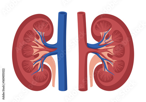 Two kidney halves are bisected displaying internal structures cortex medulla renal pyramids vasculature and arteries