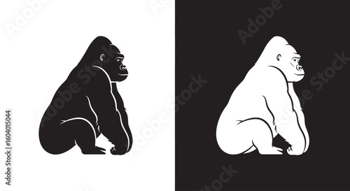 Silhouette of a gorilla, two variations, black and white.
