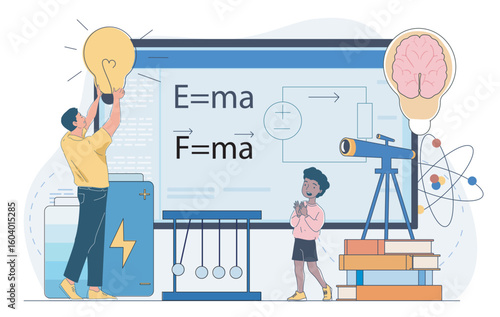 A man and a child learning science with formulas, telescope, atom model, and Newton's cradle in a classroom setting. Vector illustration