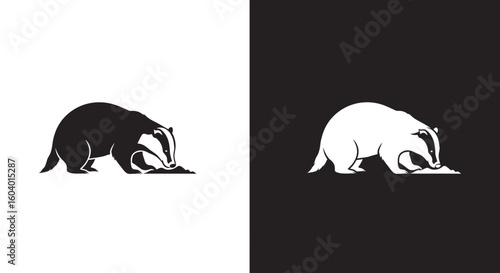 Two graphic illustrations of badgers, one black on white and one white on black, sniffing the ground.