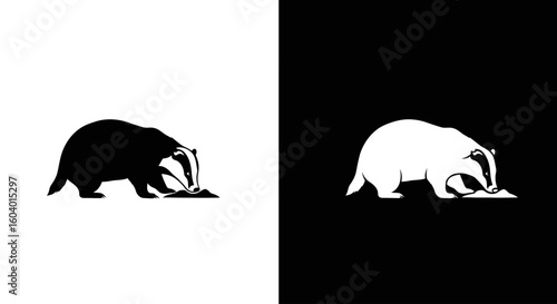 A stylized black and white graphic of a badger foraging, presented in both positive and negative space.