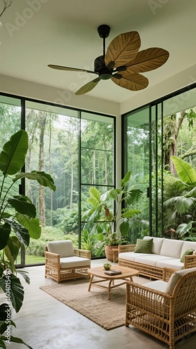 Modern living room with large windows overlooking a lush forest, featuring wicker furniture and indoor plants.