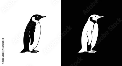 A minimalist, high-contrast illustration of an emperor penguin in positive and negative space.