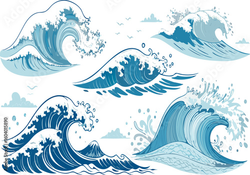 Stunning collection of stylized ocean waves, perfect for coastal designs, nautical themes, and vibrant marine illustrations with artistic flair