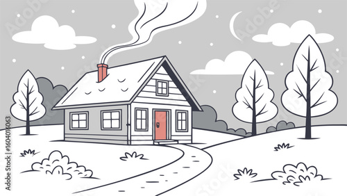 Illustration of a cozy house with smoke coming from the chimney in a snowy winter landscape scene outdoors