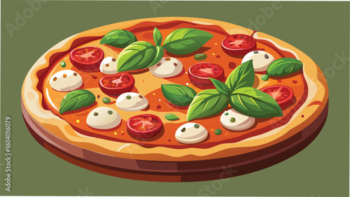 Delicious illustrated pizza margherita with fresh tomatoes mozzarella and basil on a white background suitable for design