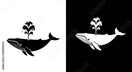A black and white graphic illustration of a spouting whale in positive and negative space.