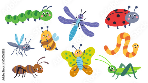 Cute insects illustration set, vector, simple, flat design for children's posters, books, backgrounds and  children's room decoration. Insects collection, isolated on a white background