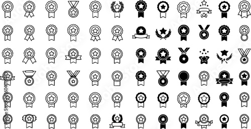 Award Medal Line And Solid Icon Set. Prize Star Emblem Symbol Collection. Isolated Vector Illustration
