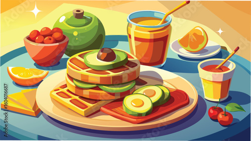 Delightful illustration of a vibrant breakfast featuring avocado toast fresh juices and assorted fruits against a clean background.