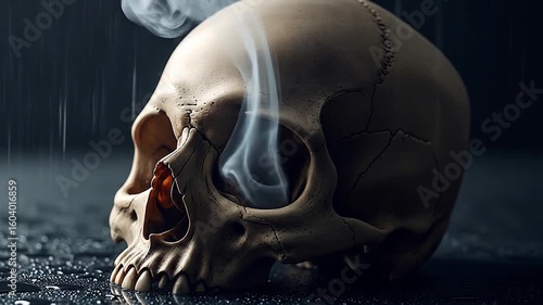 Rain-Soaked Skull with Spiraling Smoke