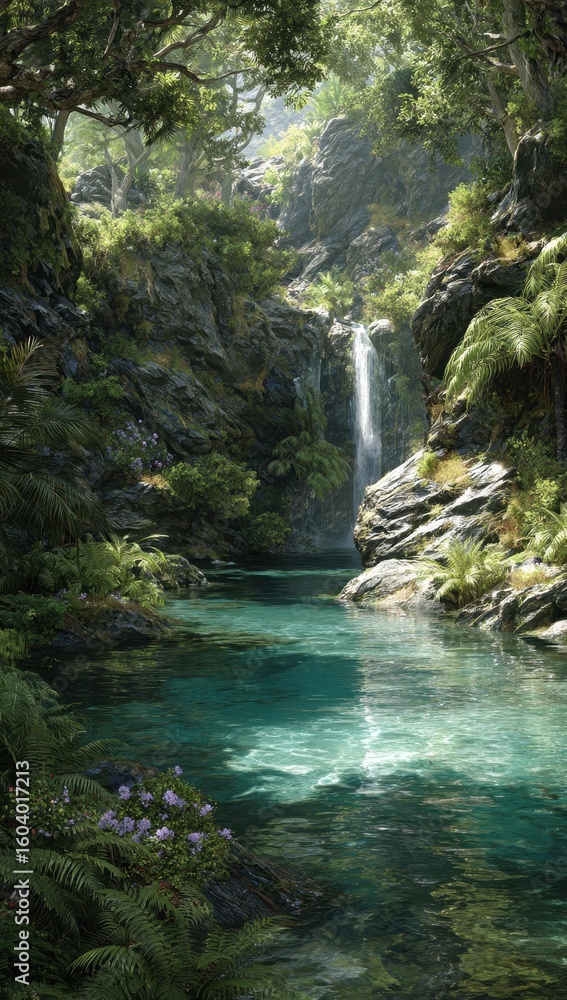 Naklejka premium Tranquil forest stream with waterfall