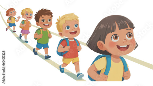 Children Walking in a Line – Cartoon Vector