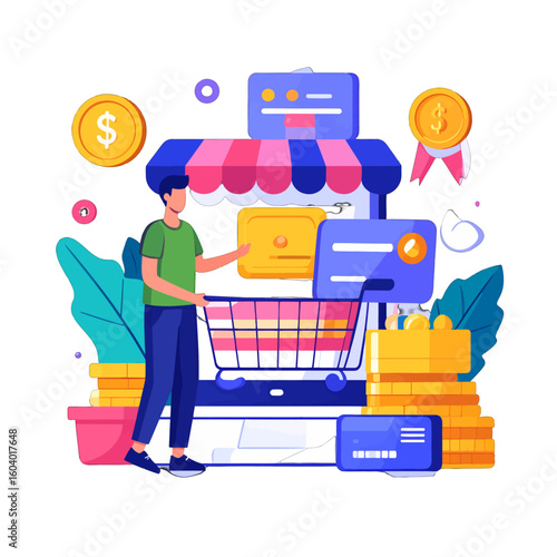 Man Using Digital Shopping Cart In Online Store Illustration