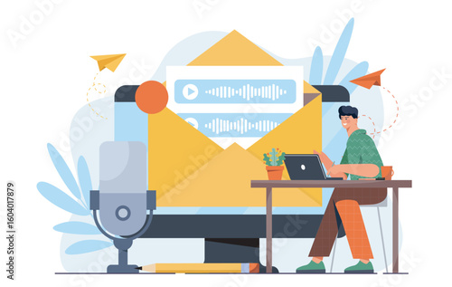 A man working on a laptop sends a voice message via email, with an envelope and microphone shown in a colorful cartoon style on white background. Concept of digital communication. Vector illustration