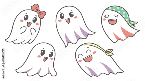 Illustration of five cartoon ghosts with different accessories and happy facial expressions shown