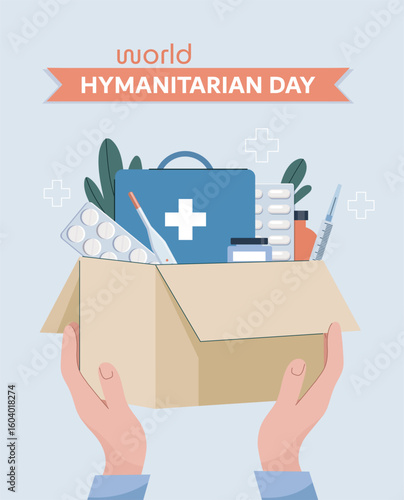 Hands holding a donation box filled with medical supplies like pills, thermometer, and first aid kit with plants, on a light blue background. Concept of humanitarian aid. Vector illustration