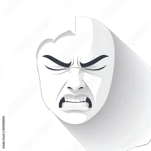 Intense angry expression on a broken white mask, with clenched teeth, closed eyes, and a minimalist design.