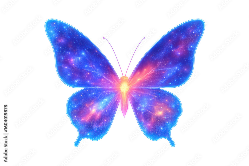 Fototapeta premium Vibrant butterfly featuring cosmic nebulae wing patterns, blending celestial artistry with delicate natural form against transparent backdrop