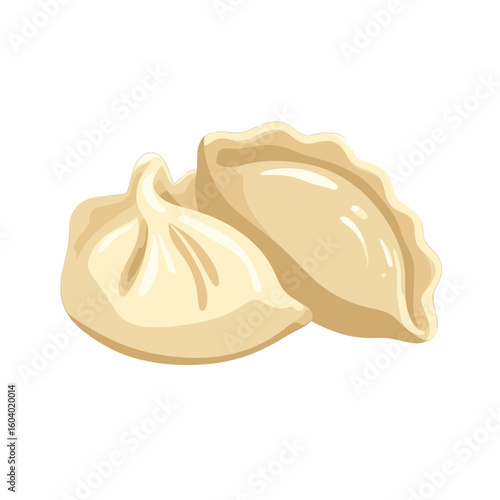 Two steamed Asian dumplings, one purse-shaped and one crescent-shaped, with glossy pleated dough.