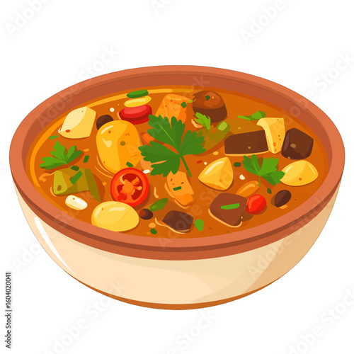 Hearty cartoon stew in a ceramic bowl with chunky vegetables, meat, and fresh parsley.