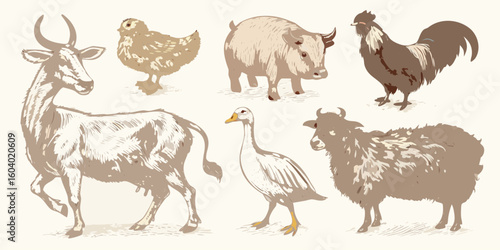 Farm animals collection with cow, chicken, pig, rooster, goose, and sheep in vintage style for your creative design projects and branding materials
