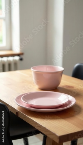 Wallpaper Mural Pastel pink plates, springform pan, wooden table, white room, black chairs , photography, culinary, clean Torontodigital.ca