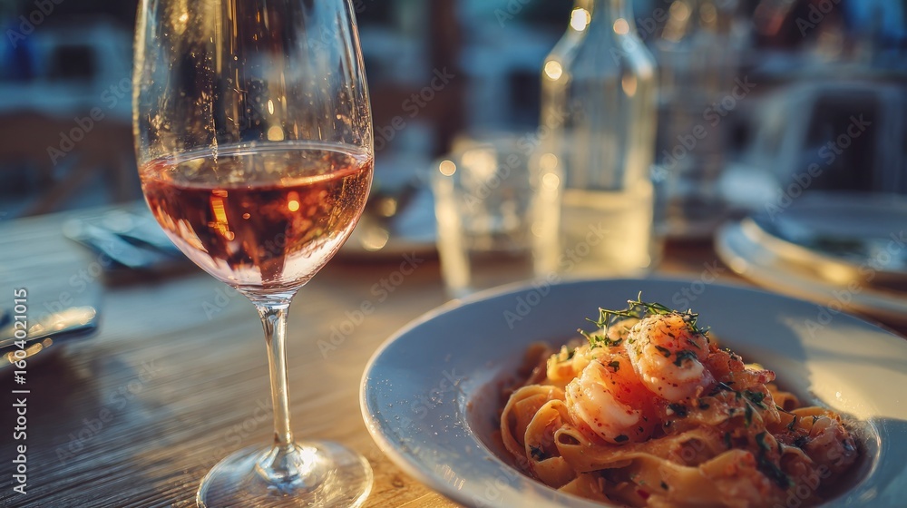 Naklejka premium Rose wine and shrimp pasta outdoor dining