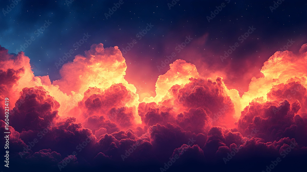 Naklejka premium Fiery Clouds Under a Starry Night Sky: A Dramatic Atmospheric Di