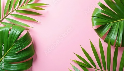 Vibrant green palm leaves arranged on a pastel pink background Summer vibe , copy space, stylish, green