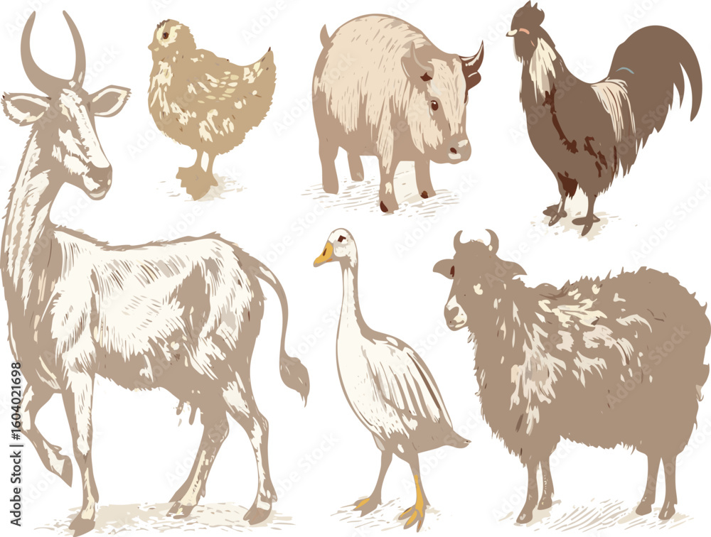 Fototapeta premium Rustic farm animal illustration featuring a cow, chicken, pig, rooster, goose, and sheep offering vintage charm for agricultural themed designs