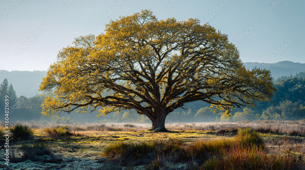 Fototapeta premium A large tree with yellow leaves standing in a field on a foggy morning day