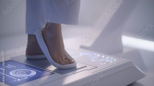 Feet in futuristic sandals standing on high-tech digital foot scanning device