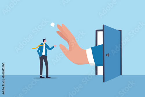 Rejection, refuse or denied, job rejection or disposal, decline or say no, loss opportunity or dispute, stop symbol, employment decision, businessman hand with reject gesture telling refuse candidate.
