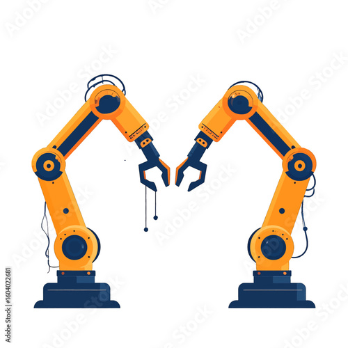 A pair of yellow and blue industrial robotic arms with articulated joints and grippers, facing each other.