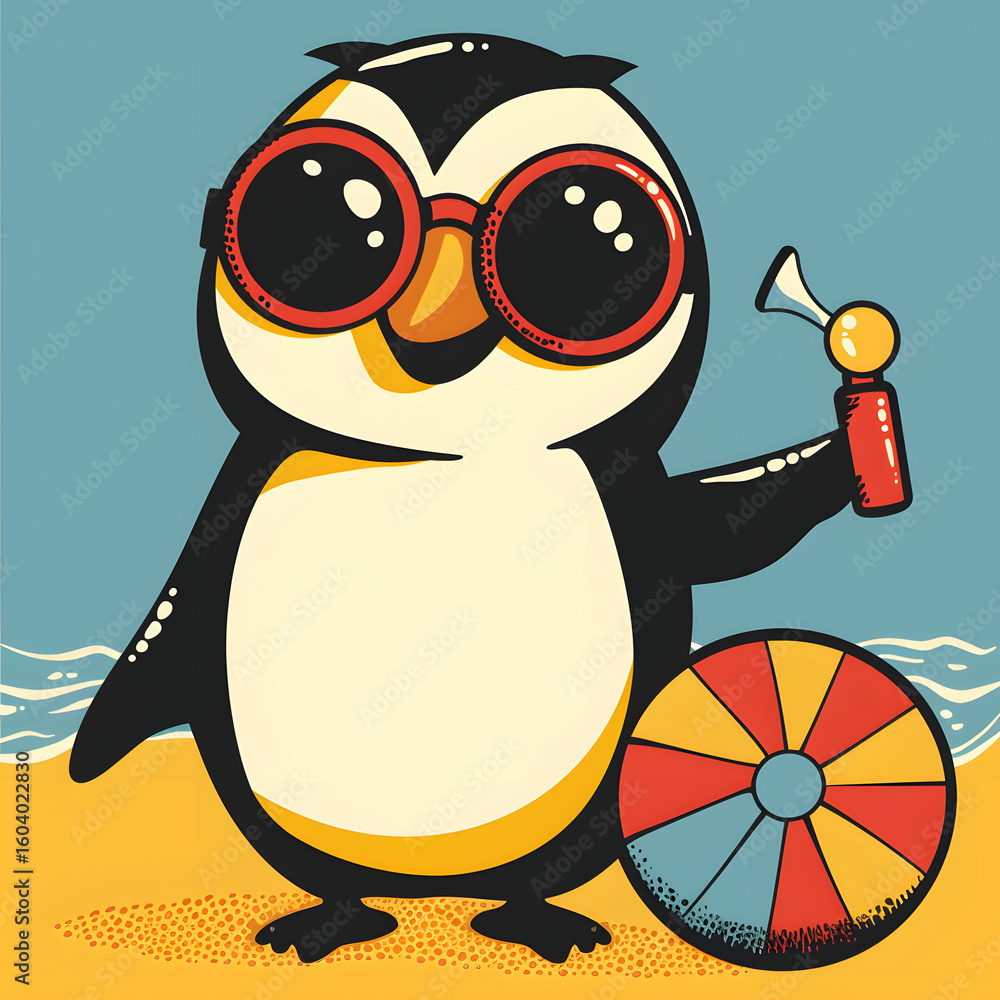 Obraz premium Adorable cartoon penguin wea round sunglasses holding a red and yellow beach ball on a sandy beach with a blue sky background