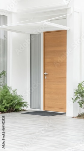 Sleek Modern Home Entrance with Natural Wood Door, White Architectural Facade, and Lush Greenery. Contemporary Residential Exterior Design.