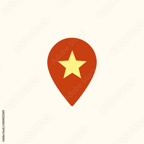 Red map pin pointer with a yellow star in the center. A clean vector icon representing a favorite place, destination, achievement, or top-rated location. Perfect symbol for GPS, navigation apps