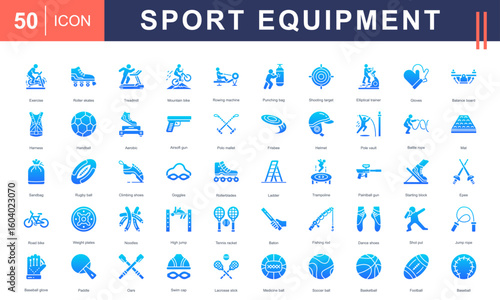 Sport Equipment icon set featuring a wide range of training, game, and fitness gear—perfect for sports centers, athletic branding, workout apps, and physical education materials.