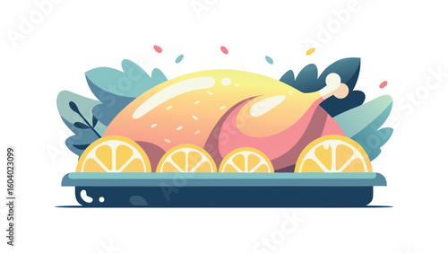 Flat vector illustration of golden roasted turkey with lemon slices and herbs on serving platter, festive Thanksgiving dinner and family celebration concept