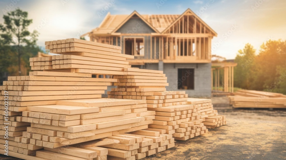 Fototapeta premium Lumber Supply Ready for Residential Construction, Focus on Building Dreams