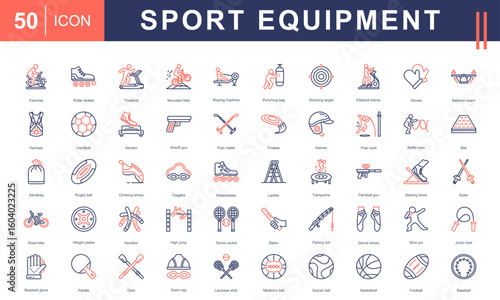 Sport Equipment icon set featuring a wide range of training, game, and fitness gear—perfect for sports centers, athletic branding, workout apps, and physical education materials.