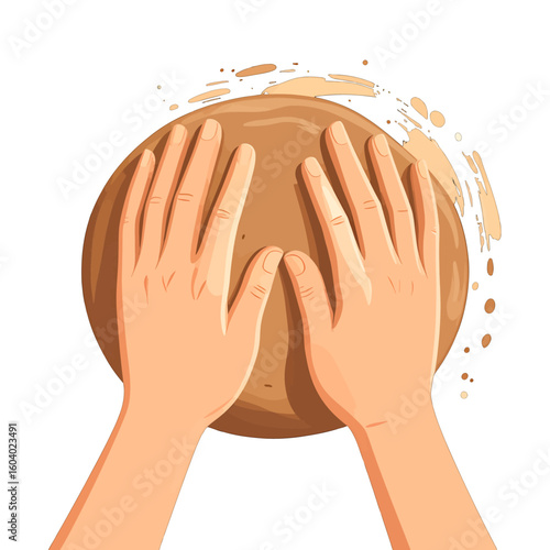 Top-down illustration of hands molding wet brown clay, splashing water and material.