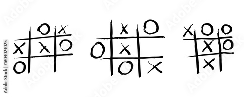 Tic Tac Toe game sketch crayon hand drawn grid. Chalk drawing doodle set board game simple isolated on white background.