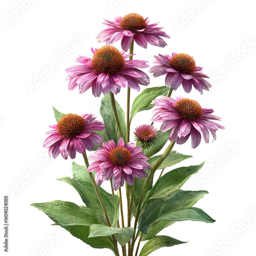 PNG of A cluster of vibrant purple echinacea flowers blooms, showcasing their distinct cone-shaped centers and lush green leaves.